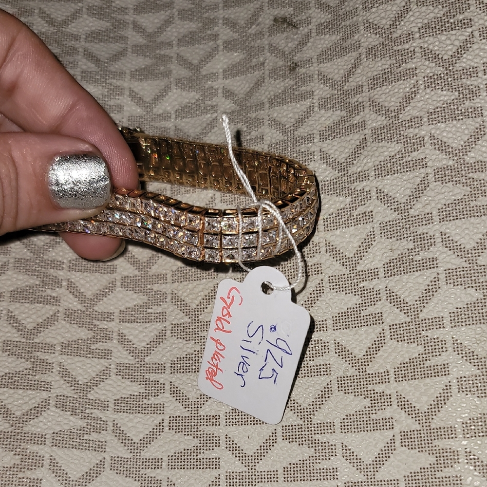 ✨ Vintage Gold Plated 925 Sterling Silver CZ Bracelet - Three Rows of Sparkle